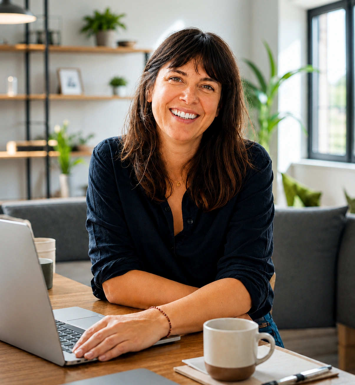 Business owner smiling at her desk with her laptop and coffee
