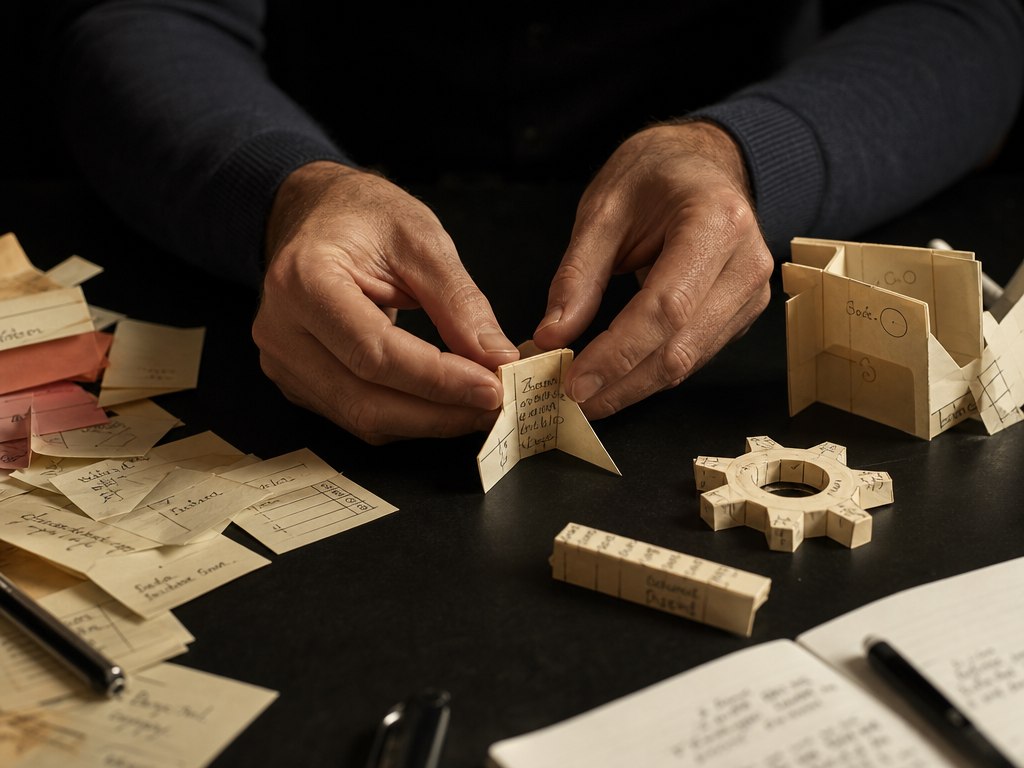 Hands folding paper notes into a simple business workflow model